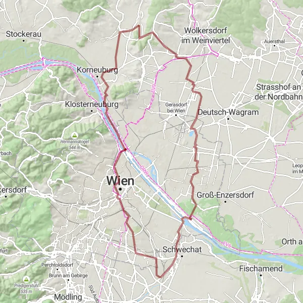 Map miniature of "Gravel Adventure: Laaer Berg - Seyringer Rodelhügel Loop" cycling inspiration in Niederösterreich, Austria. Generated by Tarmacs.app cycling route planner