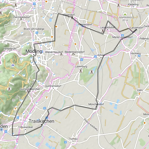 Miniatura della mappa di ispirazione al ciclismo "Road Route Achau" nella regione di Niederösterreich, Austria. Generata da Tarmacs.app, pianificatore di rotte ciclistiche