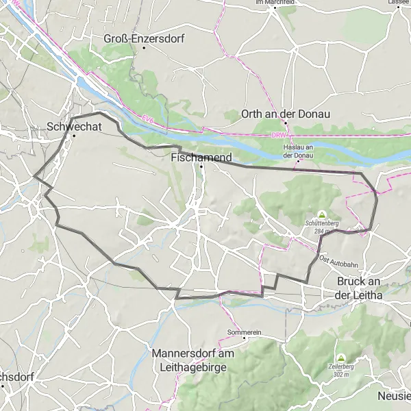 Miniatura della mappa di ispirazione al ciclismo "Road Route Schwechat" nella regione di Niederösterreich, Austria. Generata da Tarmacs.app, pianificatore di rotte ciclistiche