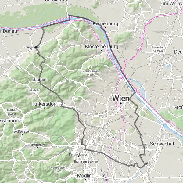Miniatua del mapa de inspiración ciclista "Ruta por María-Lanzendorf - Hundertwasserhaus" en Niederösterreich, Austria. Generado por Tarmacs.app planificador de rutas ciclistas