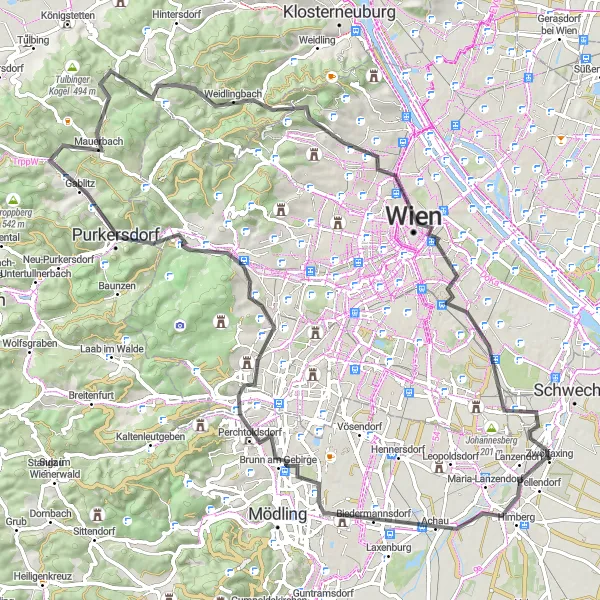 Miniatura della mappa di ispirazione al ciclismo "Avventuroso giro in bicicletta attraverso Brunn am Gebirge" nella regione di Niederösterreich, Austria. Generata da Tarmacs.app, pianificatore di rotte ciclistiche