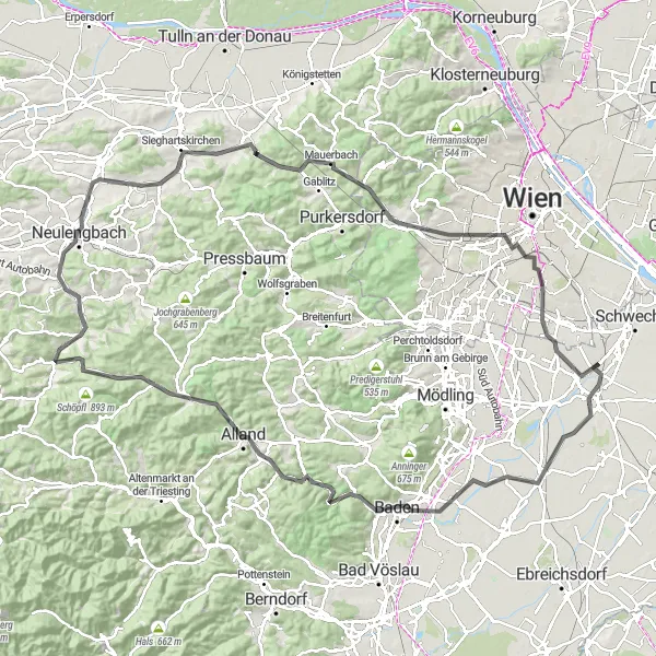 Miniature de la carte de l'inspiration cycliste "Le Tour des Collines de Basse-Autriche" dans la Niederösterreich, Austria. Générée par le planificateur d'itinéraire cycliste Tarmacs.app