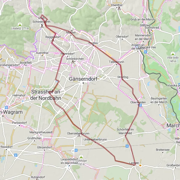 Miniatura mapy "Trasa rowerowa Gravel Lassee - Untersiebenbrunn - Strasshof an der Nordbahn - Groß-Schweinbarth - Prottes - Stripfing - Lassee" - trasy rowerowej w Niederösterreich, Austria. Wygenerowane przez planer tras rowerowych Tarmacs.app