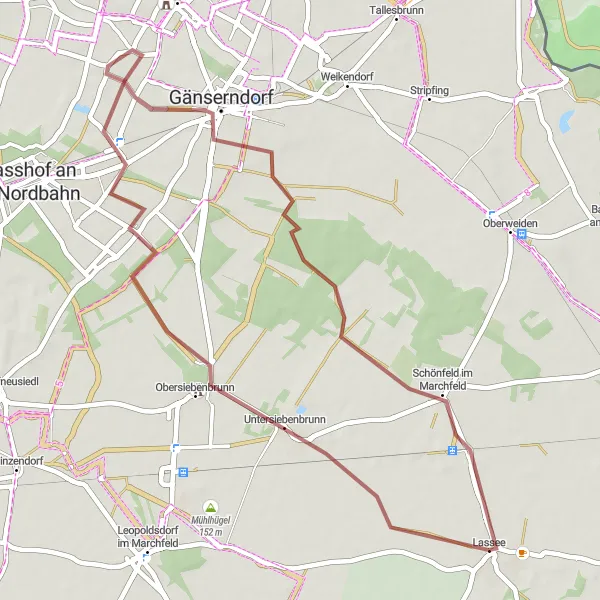 Miniaturní mapa "Gravel cesta k Gänserndorfu" inspirace pro cyklisty v oblasti Niederösterreich, Austria. Vytvořeno pomocí plánovače tras Tarmacs.app