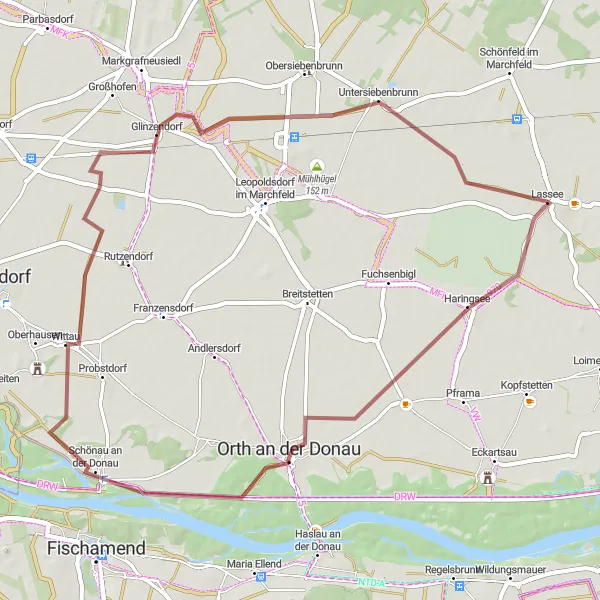 Kartminiatyr av "Grusvei gjennom Haringsee til Lassee" sykkelinspirasjon i Niederösterreich, Austria. Generert av Tarmacs.app sykkelrutoplanlegger