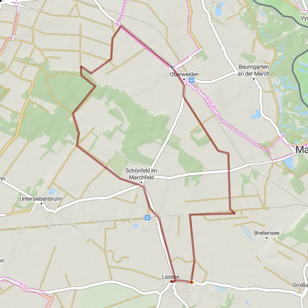 Miniaturní mapa "Krátká cyklostezka u Lassee" inspirace pro cyklisty v oblasti Niederösterreich, Austria. Vytvořeno pomocí plánovače tras Tarmacs.app