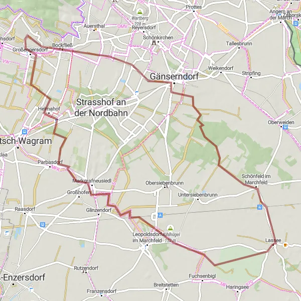 Miniatuurkaart van de fietsinspiratie "Lassee naar Mühlhügel, Markgrafneusiedl en Gänserndorf" in Niederösterreich, Austria. Gemaakt door de Tarmacs.app fietsrouteplanner