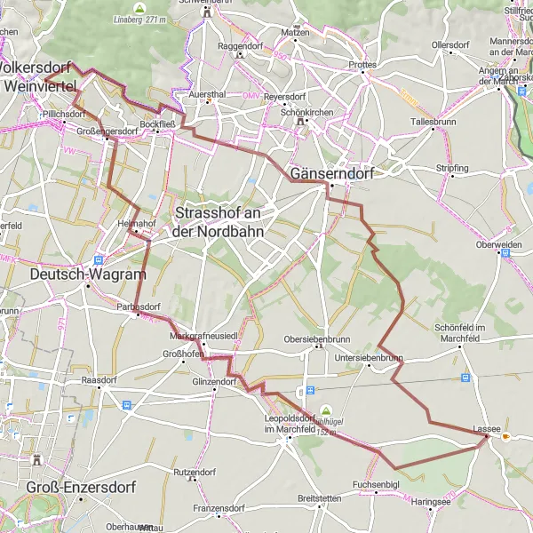 Kartminiatyr av "Lang grusvei via Gänserndorf til Lassee" sykkelinspirasjon i Niederösterreich, Austria. Generert av Tarmacs.app sykkelrutoplanlegger