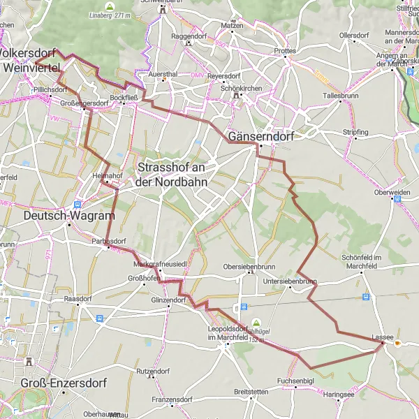 Karttaminiaatyyri "Lassee - Mühlhügel - Parbasdorf - Großengersdorf - Detzenberg - Gänserndorf Gravel Round-trip" pyöräilyinspiraatiosta alueella Niederösterreich, Austria. Luotu Tarmacs.app pyöräilyreittisuunnittelijalla