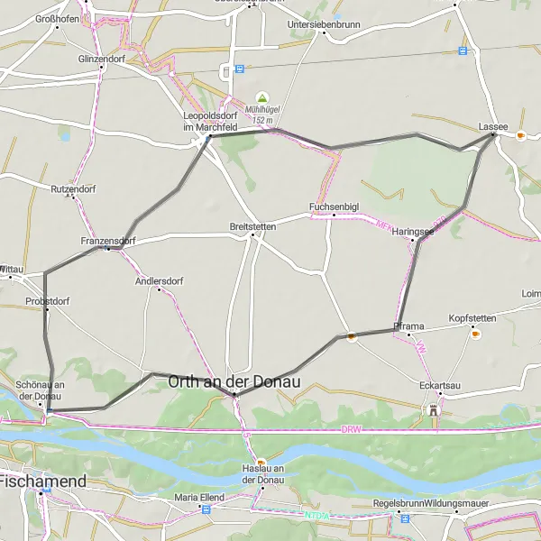 Miniatuurkaart van de fietsinspiratie "Lassee naar Probstdorf, Mühlhügel en Haringsee" in Niederösterreich, Austria. Gemaakt door de Tarmacs.app fietsrouteplanner