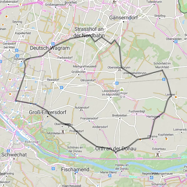 Miniatura mapy "Trasa rowerowa przez Haringsee i Groß-Enzersdorf" - trasy rowerowej w Niederösterreich, Austria. Wygenerowane przez planer tras rowerowych Tarmacs.app