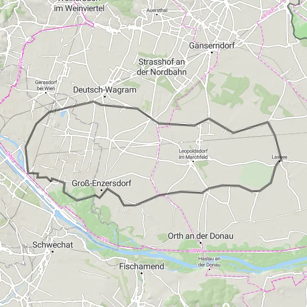 Mapa miniatúra "Okružná cyklotrasa cez Haringsee a Leopoldau" cyklistická inšpirácia v Niederösterreich, Austria. Vygenerované cyklistickým plánovačom trás Tarmacs.app