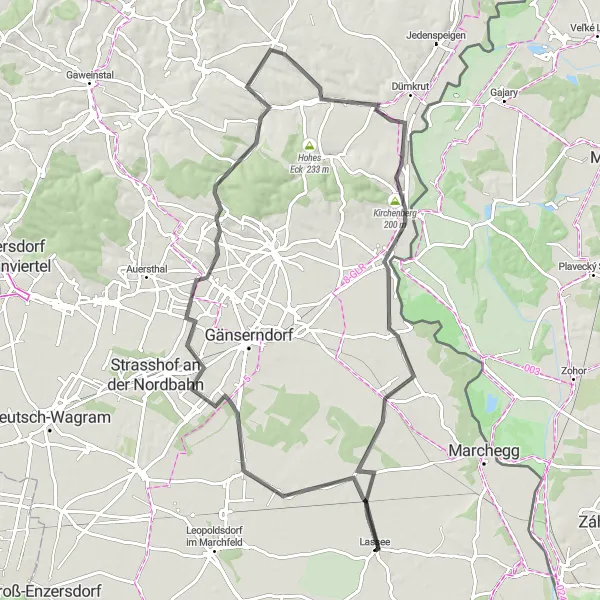 Zemljevid v pomanjšavi "Raznolika cestna kolesarska pot iz Lassee" kolesarske inspiracije v Niederösterreich, Austria. Generirano z načrtovalcem kolesarskih poti Tarmacs.app