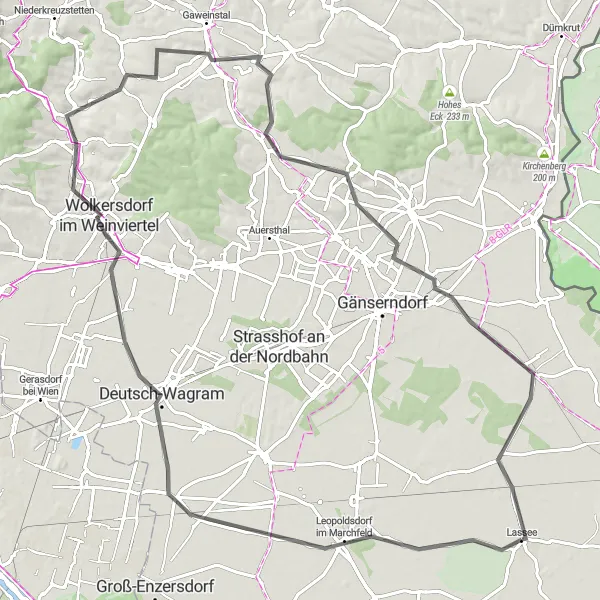Miniaturní mapa "Mühlhügel a Weikendorf" inspirace pro cyklisty v oblasti Niederösterreich, Austria. Vytvořeno pomocí plánovače tras Tarmacs.app