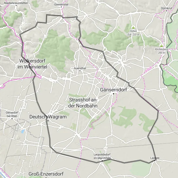 Karttaminiaatyyri "Lassee - Deutsch-Wagram Road Cycle Route" pyöräilyinspiraatiosta alueella Niederösterreich, Austria. Luotu Tarmacs.app pyöräilyreittisuunnittelijalla