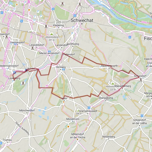 Miniaturní mapa "Gravelová trasa přes Rauchenwarth a Laxenburg" inspirace pro cyklisty v oblasti Niederösterreich, Austria. Vytvořeno pomocí plánovače tras Tarmacs.app