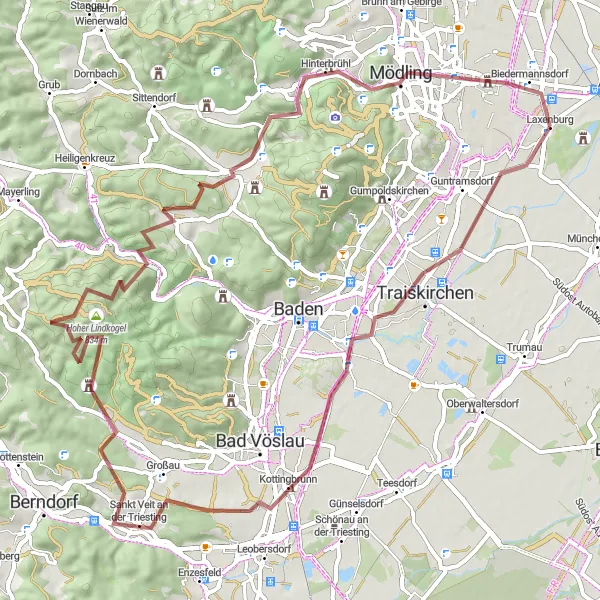 Miniatura della mappa di ispirazione al ciclismo "Giro in Gravel attraverso i vigneti di Traiskirchen" nella regione di Niederösterreich, Austria. Generata da Tarmacs.app, pianificatore di rotte ciclistiche