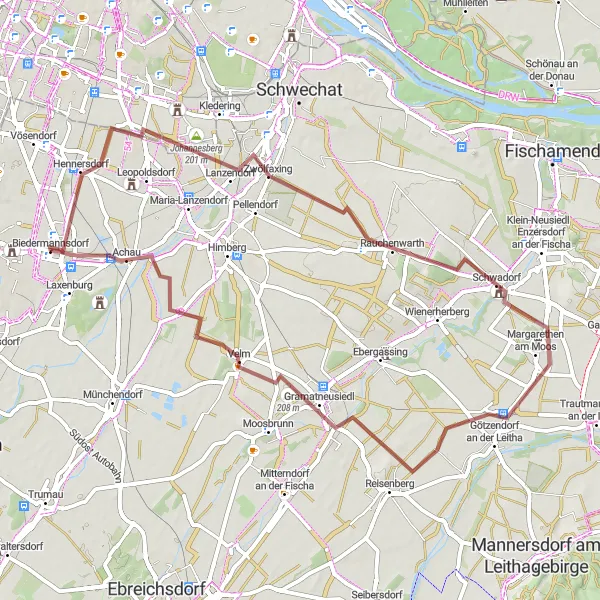 Miniatuurkaart van de fietsinspiratie "Königskogel - Achau Gravel Route" in Niederösterreich, Austria. Gemaakt door de Tarmacs.app fietsrouteplanner