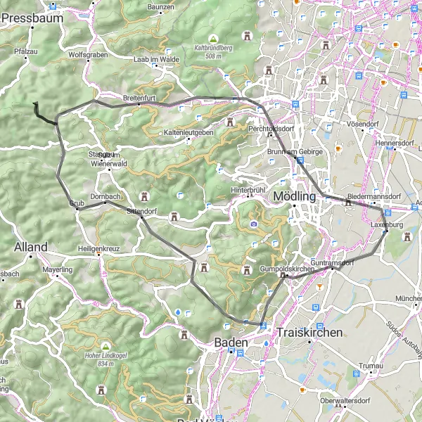 Miniatua del mapa de inspiración ciclista "Ruta de ciclismo de carretera a través de Laxenburg y Wiener Neudorf" en Niederösterreich, Austria. Generado por Tarmacs.app planificador de rutas ciclistas