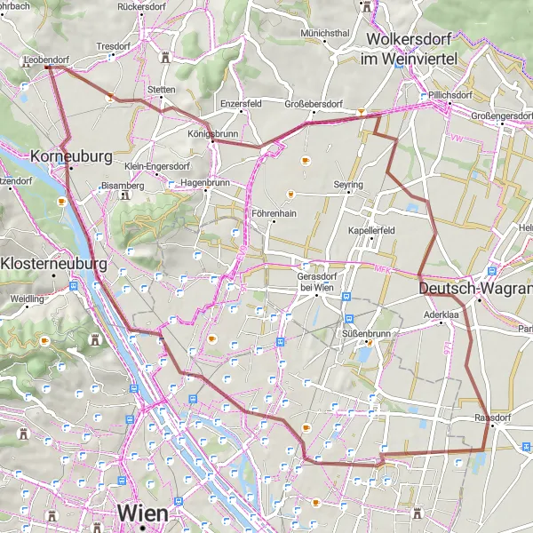 Map miniature of "Gravel Adventure to Raasdorf" cycling inspiration in Niederösterreich, Austria. Generated by Tarmacs.app cycling route planner