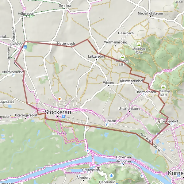 Miniatura della mappa di ispirazione al ciclismo "Rotta in mountain bike tra Schliefberg, Stockerau e Sonnwendberg" nella regione di Niederösterreich, Austria. Generata da Tarmacs.app, pianificatore di rotte ciclistiche