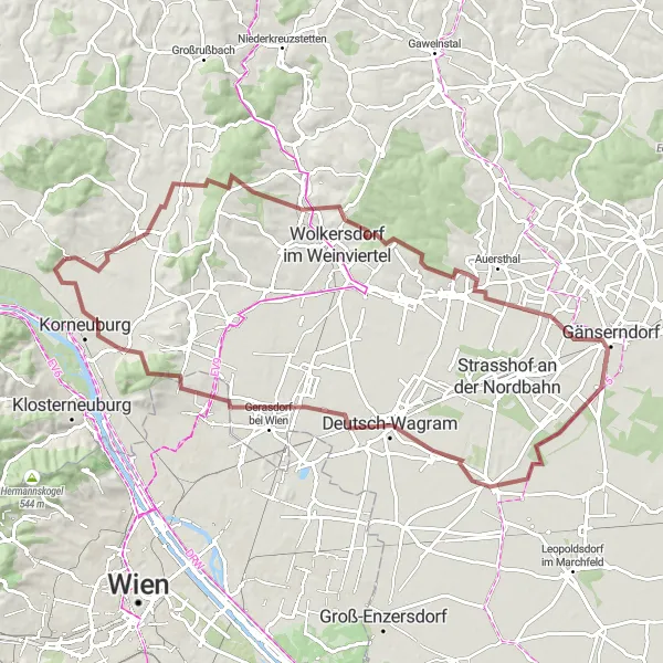 Miniatura della mappa di ispirazione al ciclismo "Giro in Gravel da Leobendorf" nella regione di Niederösterreich, Austria. Generata da Tarmacs.app, pianificatore di rotte ciclistiche