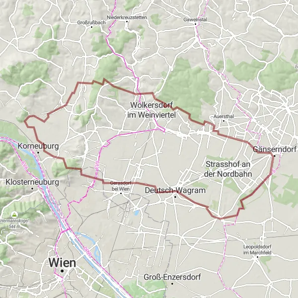 Miniatuurkaart van de fietsinspiratie "Gravel avontuur door de wijngaarden" in Niederösterreich, Austria. Gemaakt door de Tarmacs.app fietsrouteplanner