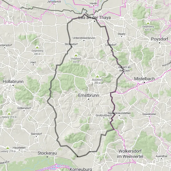 Miniatura della mappa di ispirazione al ciclismo "Giro Stradale intorno a Leobendorf" nella regione di Niederösterreich, Austria. Generata da Tarmacs.app, pianificatore di rotte ciclistiche