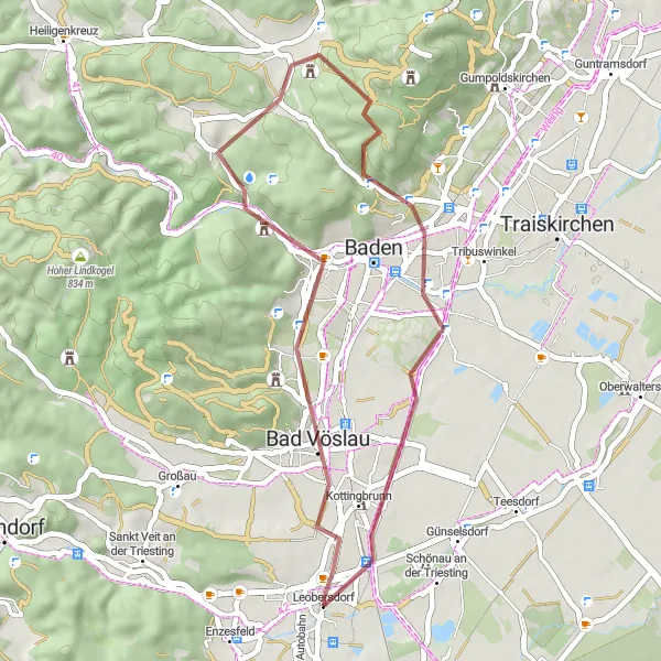 Map miniature of "Leobersdorf and Surrounding Gravel Routes" cycling inspiration in Niederösterreich, Austria. Generated by Tarmacs.app cycling route planner