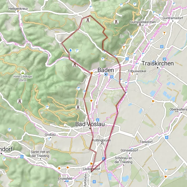 Miniatuurkaart van de fietsinspiratie "Gravelavontuur door Bad Vöslau en Kottingbrunn" in Niederösterreich, Austria. Gemaakt door de Tarmacs.app fietsrouteplanner