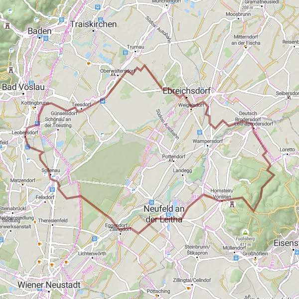 Miniatura della mappa di ispirazione al ciclismo "Giro in Gravel attraverso Oberwaltersdorf e Neufeld an der Leitha" nella regione di Niederösterreich, Austria. Generata da Tarmacs.app, pianificatore di rotte ciclistiche