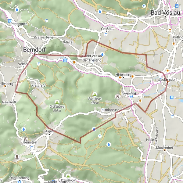 Miniatura della mappa di ispirazione al ciclismo "Esplorazione di Lindabrunn e Guglzipf in Gravel" nella regione di Niederösterreich, Austria. Generata da Tarmacs.app, pianificatore di rotte ciclistiche