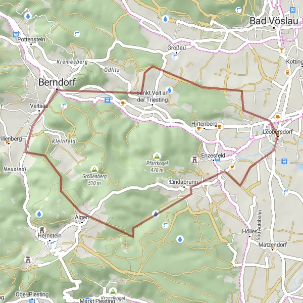 Karttaminiaatyyri "Leobersdorf - Lindabrunn - Buchriegel - Guglzipf - Leobersdorf" pyöräilyinspiraatiosta alueella Niederösterreich, Austria. Luotu Tarmacs.app pyöräilyreittisuunnittelijalla