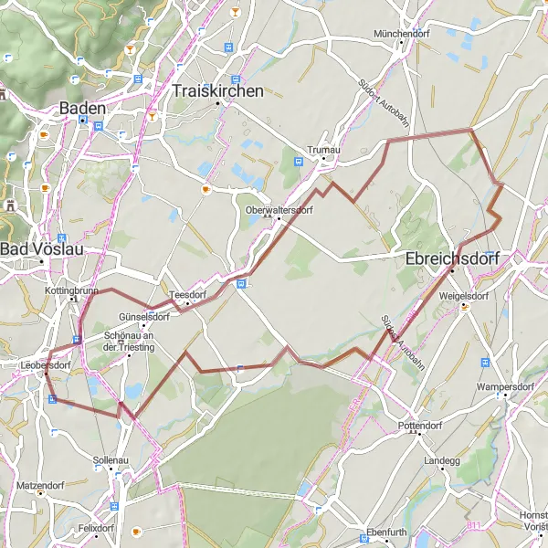 Map miniature of "Leobersdorf - Oberwaltersdorf - Ebreichsdorf - Neurißhof - Leobersdorf" cycling inspiration in Niederösterreich, Austria. Generated by Tarmacs.app cycling route planner