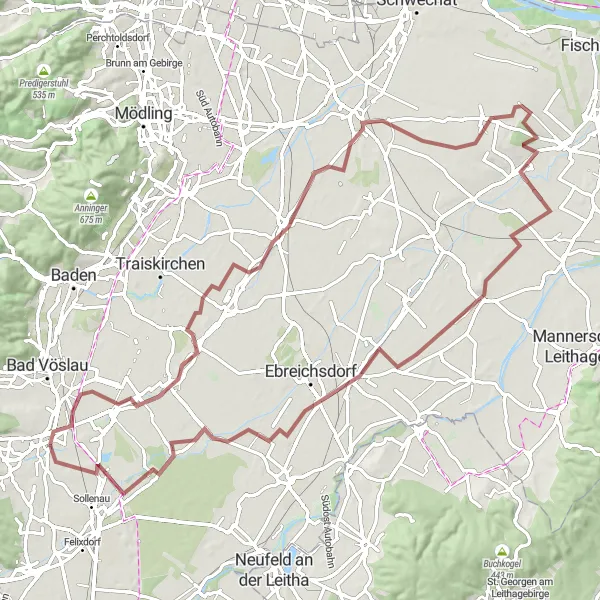 Miniaturní mapa "Cyklistická trasa: Gravelové dobrodružství v okolí Leobersdorfu" inspirace pro cyklisty v oblasti Niederösterreich, Austria. Vytvořeno pomocí plánovače tras Tarmacs.app