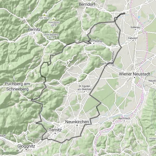 Map miniature of "Leobersdorf - Blumberg - Natschbach - Buchbach - Gösing - Miesenbach - Kleine Kanzel - Sulzberg - Markt Piesting - Trümmel - Lindabrunn - Leobersdorf" cycling inspiration in Niederösterreich, Austria. Generated by Tarmacs.app cycling route planner