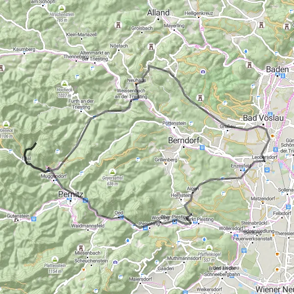 Miniatura della mappa di ispirazione al ciclismo "Tour in bicicletta da Leobersdorf" nella regione di Niederösterreich, Austria. Generata da Tarmacs.app, pianificatore di rotte ciclistiche