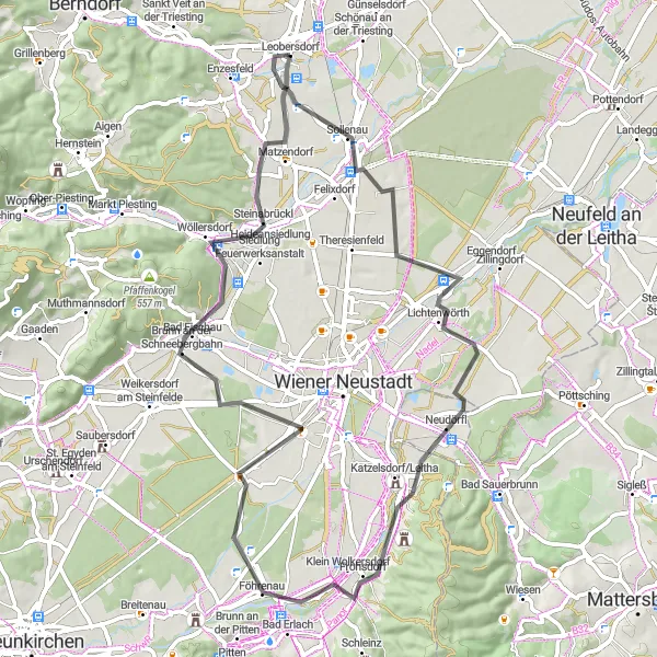 Miniatura della mappa di ispirazione al ciclismo "Giro Ciclistico attraverso Lichtenwörth e Blumberg" nella regione di Niederösterreich, Austria. Generata da Tarmacs.app, pianificatore di rotte ciclistiche