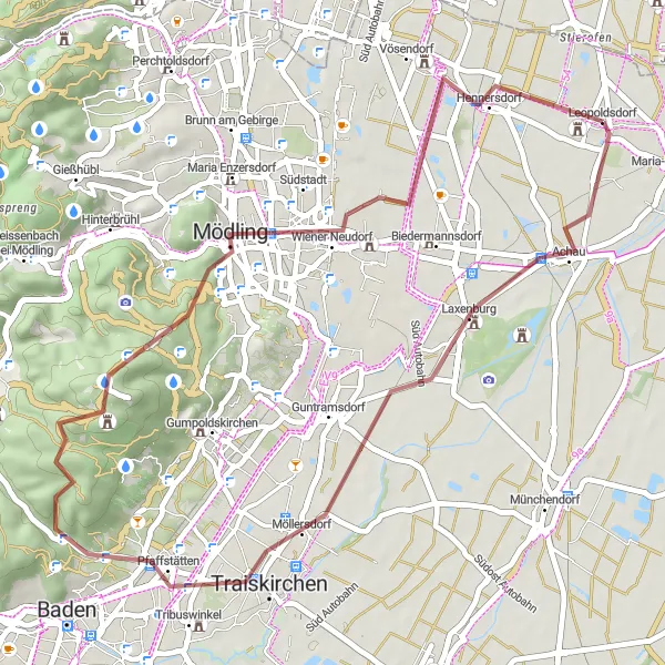 Mapa miniatúra "Gravelová trasa do Mödlingu" cyklistická inšpirácia v Niederösterreich, Austria. Vygenerované cyklistickým plánovačom trás Tarmacs.app