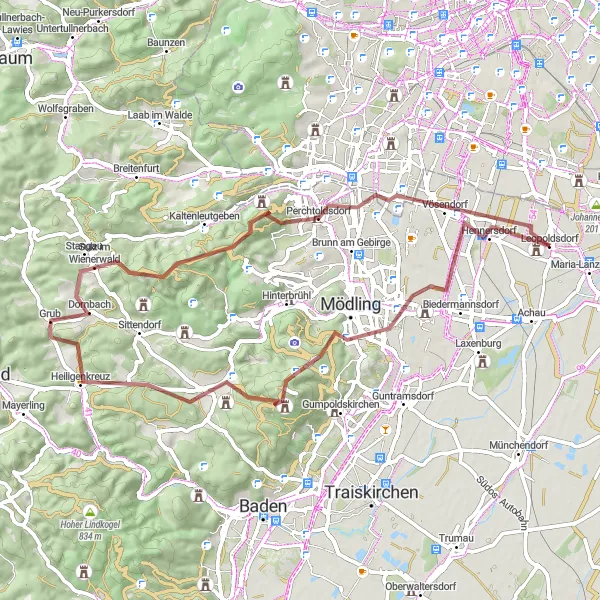 Karten-Miniaturansicht der Radinspiration "Herausfordernde Graveltour um Leopoldsdorf" in Niederösterreich, Austria. Erstellt vom Tarmacs.app-Routenplaner für Radtouren