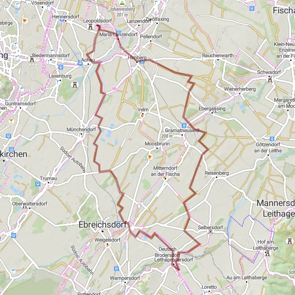 Mapa miniatúra "Trasa po Gravelu okolo Leopoldsdorfu" cyklistická inšpirácia v Niederösterreich, Austria. Vygenerované cyklistickým plánovačom trás Tarmacs.app