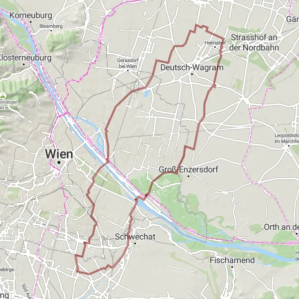 Miniaturní mapa "Okružní cyklostezka Oberlaa-Parbasdorf-Schwechat-Schloss Leopoldsdorf" inspirace pro cyklisty v oblasti Niederösterreich, Austria. Vytvořeno pomocí plánovače tras Tarmacs.app