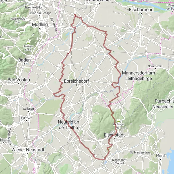 Miniaturní mapa "Cyklostezka Leopoldsdorf-Eisenstadt-Neufeld an der Leitha-Münchendorf-Achau" inspirace pro cyklisty v oblasti Niederösterreich, Austria. Vytvořeno pomocí plánovače tras Tarmacs.app