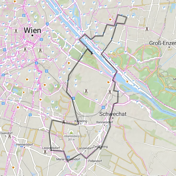 Karttaminiaatyyri "Leopoldsdorf - Simmering - Maria-Lanzendorf Loop" pyöräilyinspiraatiosta alueella Niederösterreich, Austria. Luotu Tarmacs.app pyöräilyreittisuunnittelijalla