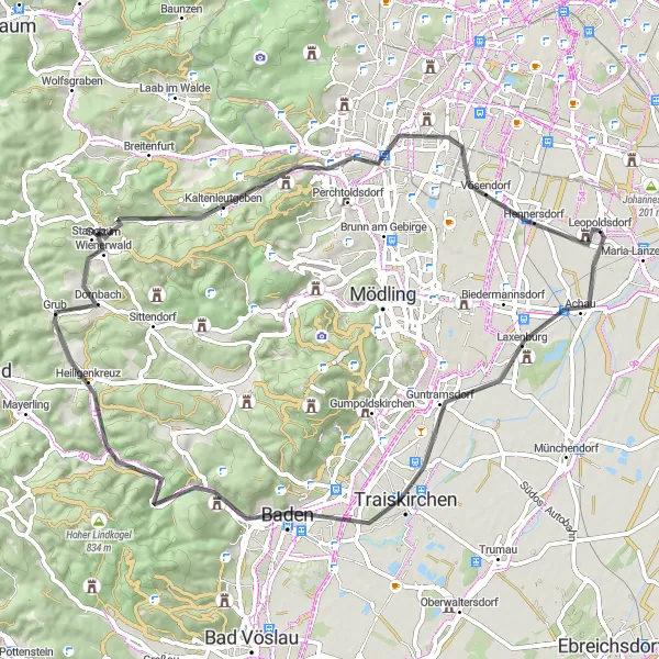 Miniatura della mappa di ispirazione al ciclismo "Giro in bicicletta per i colli intorno a Leopoldsdorf" nella regione di Niederösterreich, Austria. Generata da Tarmacs.app, pianificatore di rotte ciclistiche