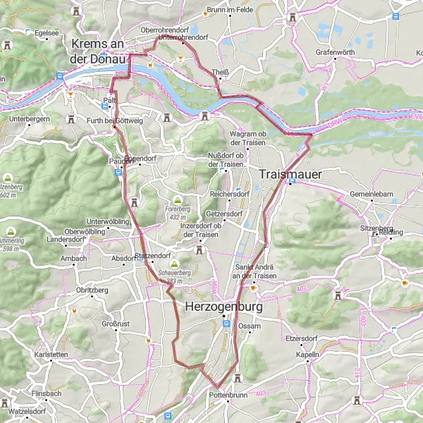 Miniatua del mapa de inspiración ciclista "Ruta por los viñedos de Krems" en Niederösterreich, Austria. Generado por Tarmacs.app planificador de rutas ciclistas