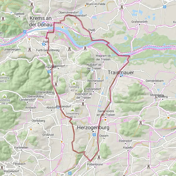 Zemljevid v pomanjšavi "Göttweig Circuit" kolesarske inspiracije v Niederösterreich, Austria. Generirano z načrtovalcem kolesarskih poti Tarmacs.app