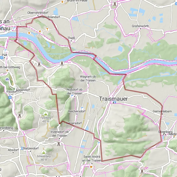 Miniatuurkaart van de fietsinspiratie "Rohrendorf bei Krems - Oberrohrendorf Gravelroute" in Niederösterreich, Austria. Gemaakt door de Tarmacs.app fietsrouteplanner