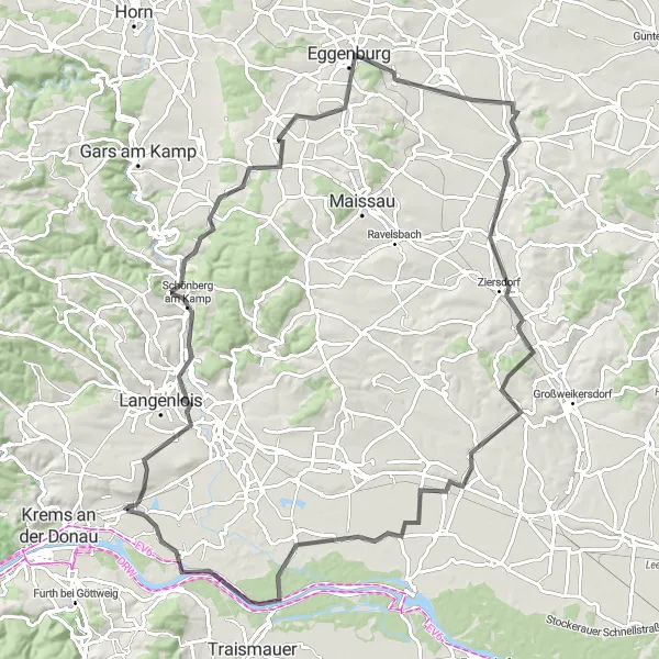 Miniatura della mappa di ispirazione al ciclismo "Giro in bicicletta attraverso il Kamptal e il Wagram" nella regione di Niederösterreich, Austria. Generata da Tarmacs.app, pianificatore di rotte ciclistiche
