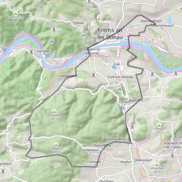 Mapa miniatúra "Krátka cyklotrasa okolo rieky" cyklistická inšpirácia v Niederösterreich, Austria. Vygenerované cyklistickým plánovačom trás Tarmacs.app